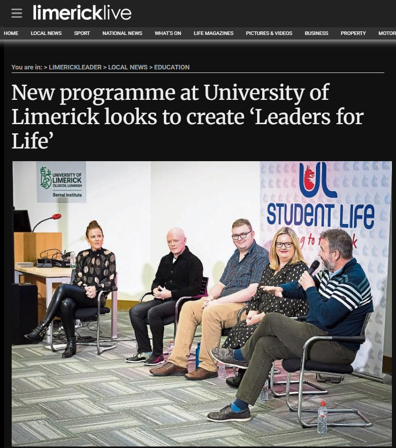 Panel discussion at University of Limerick's 'Leaders for Life' programme launch, featuring five participants.